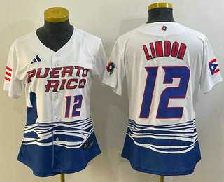 Women%27s Puerto Rico Baseball #12 Francisco Lindor Number 2023 White World Classic Stitched Jersey->2023 world baseball classic->MLB Jersey